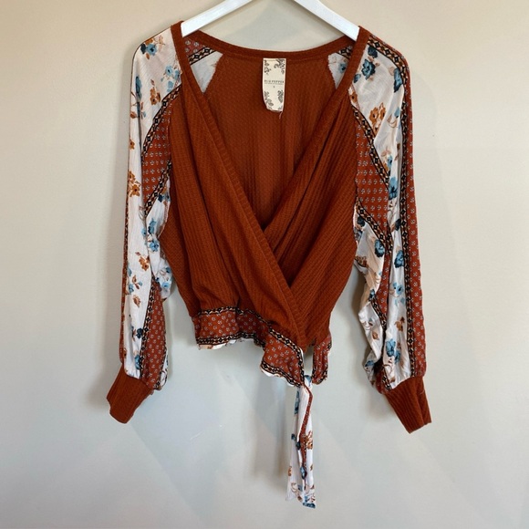 Blu Pepper Fall Boho Faux Wrap Top Orange Floral Womens Small Tie Waist V Neck - Picture 1 of 6